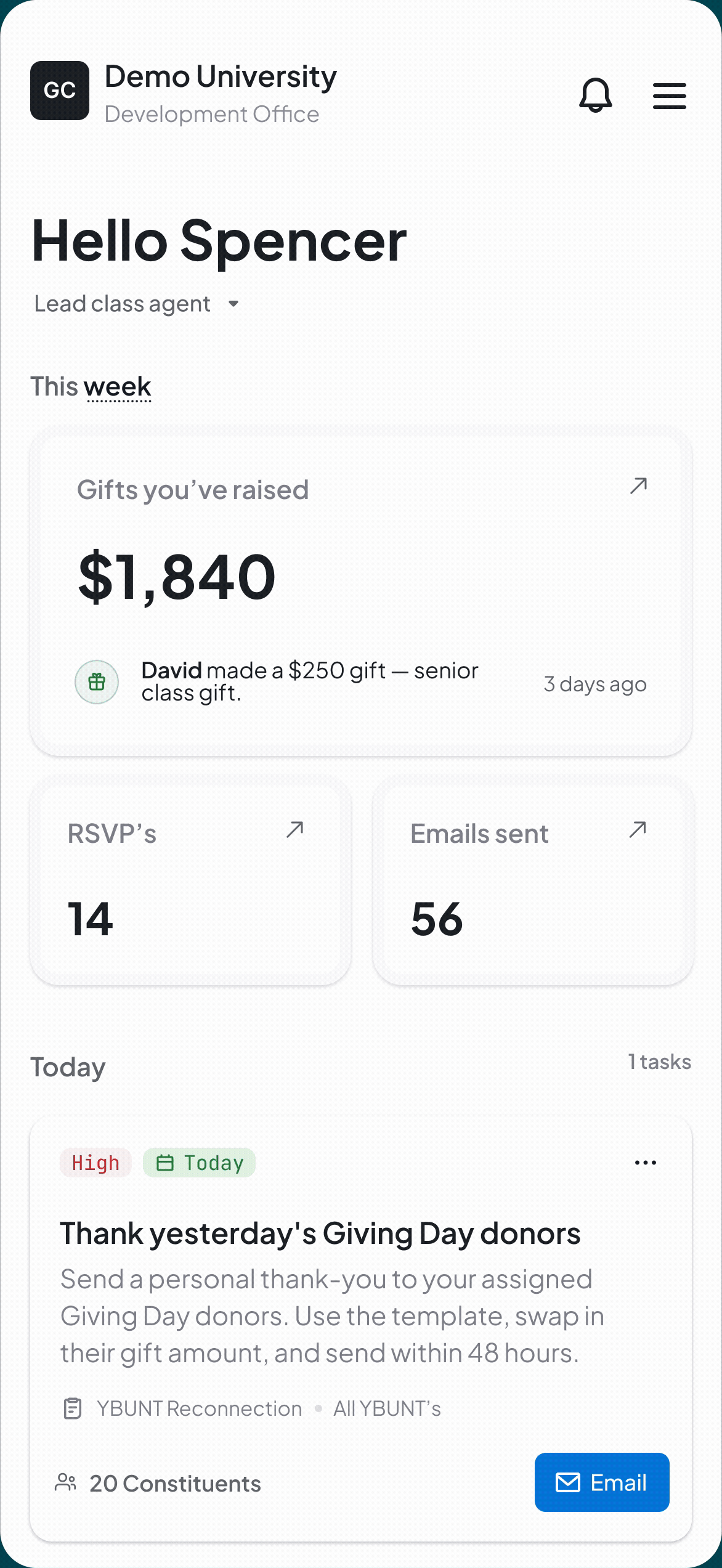 A volunteer's progress streak and task list in the GC Volunteer Management portal
